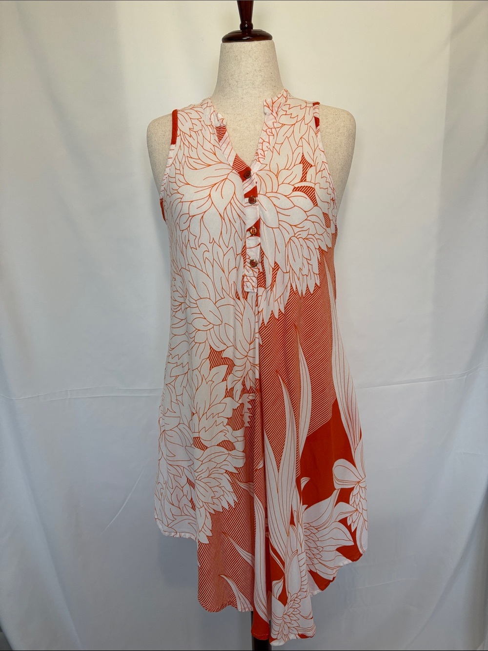 Sleeveless Orange and White Floral Pattern Casual Dress